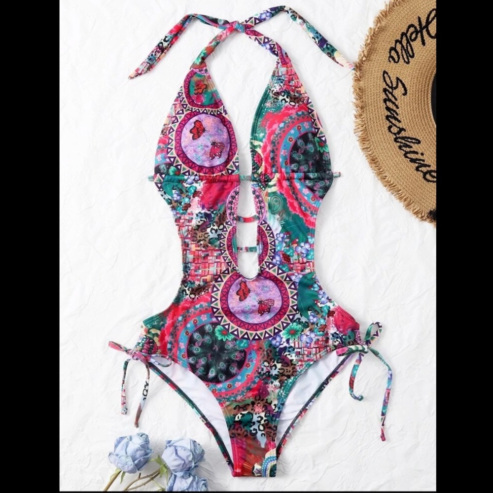 TROPICAL HALTER MONOKINI ONE PIECE SWIMSUIT (S)